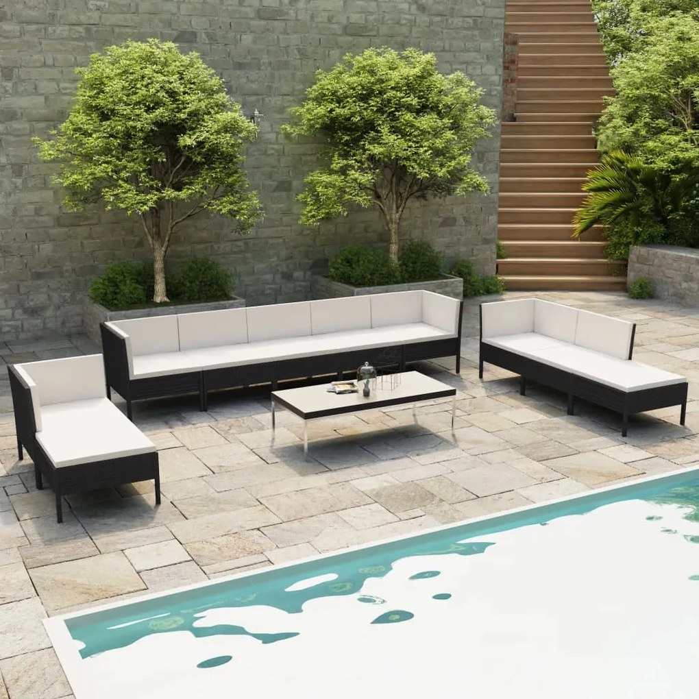 Set divani da giardino 10 pz con cuscini in polyrattan nero