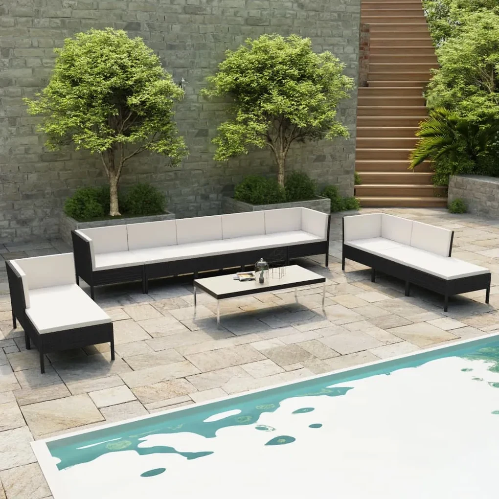 Set divani da giardino 10 pz con cuscini in polyrattan nero