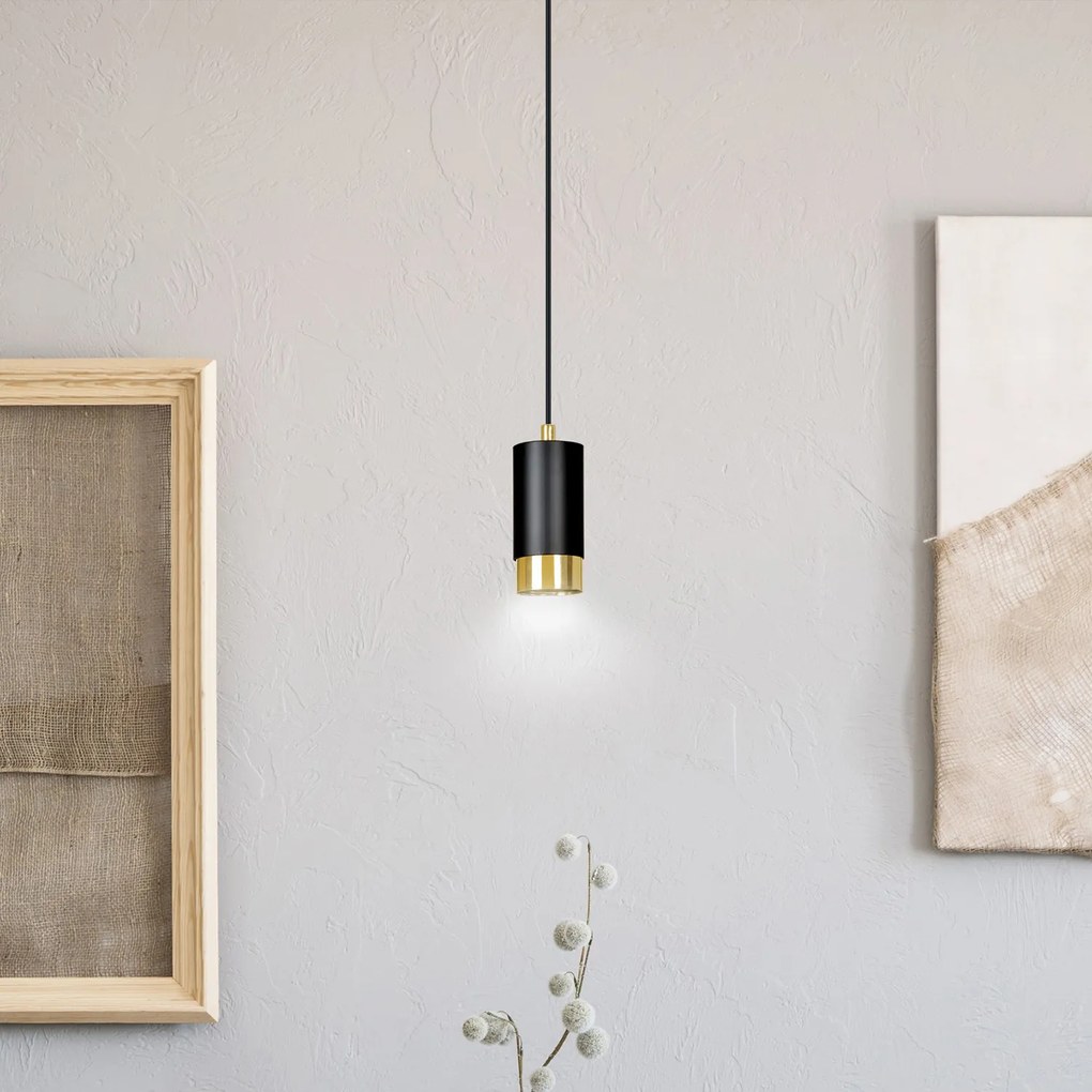 Sospensione Moderna 1 Luce Ivar A Cilindro In Acciaio Nero E Oro