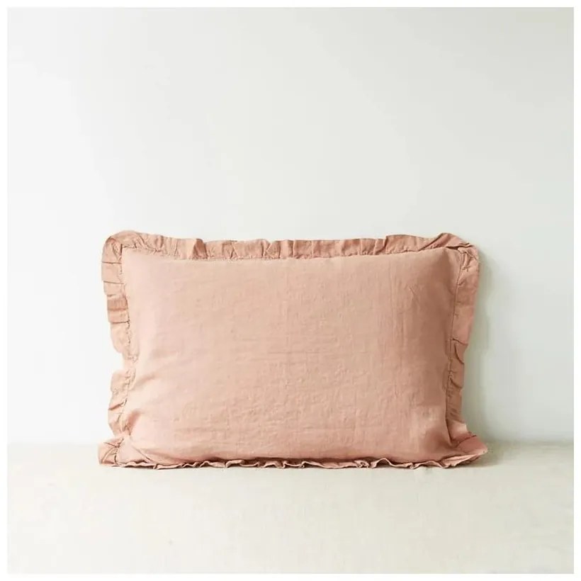 Federa in lino marrone terracotta con bordo a righe , 50 x 60 cm Cafe Creme - Linen Tales