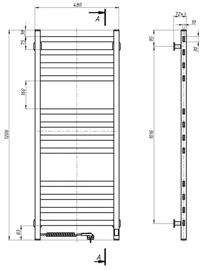 Radiatore scaldasalviette da bagno AVANGARD a scala con termostato, 459 W/230 V, 120,6 cm, IP44, bianco, lato sinistro