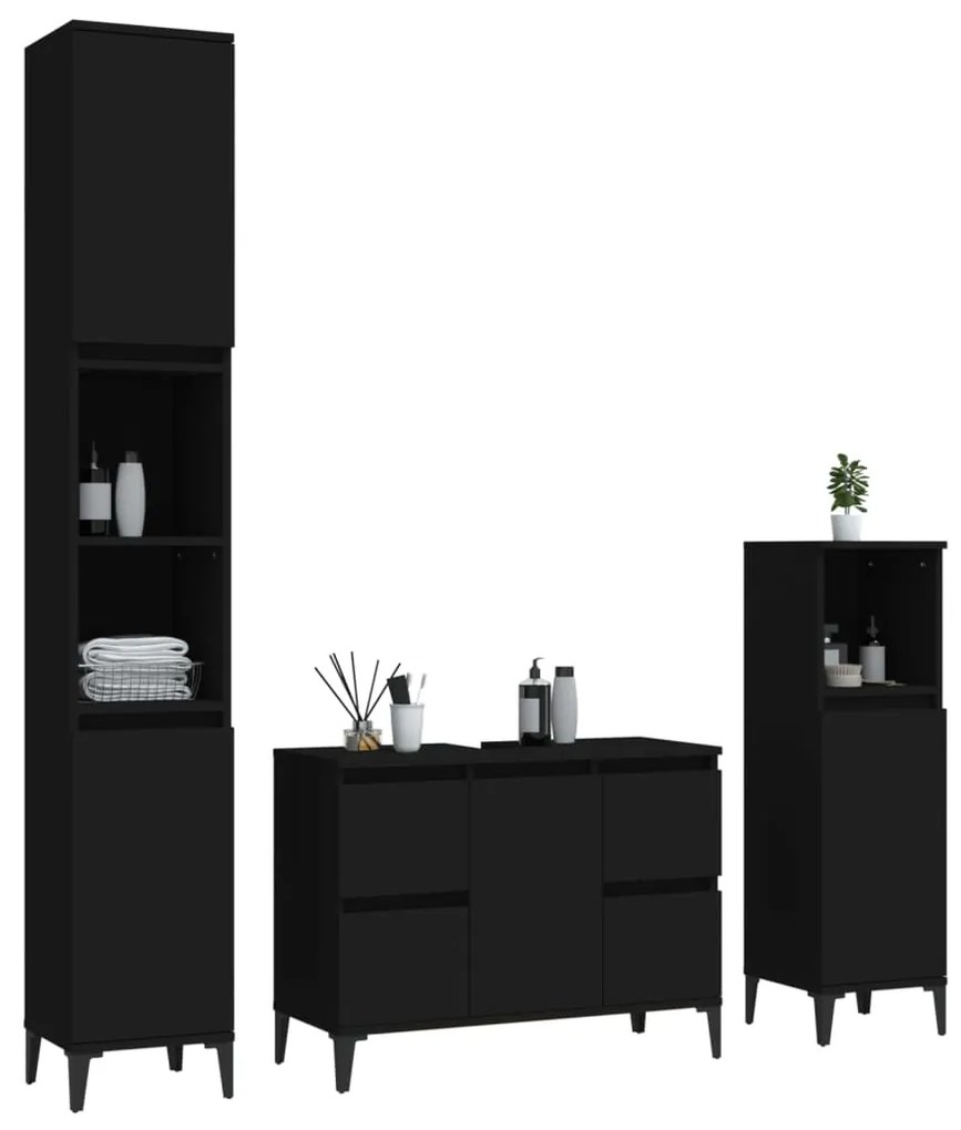 Set mobili da bagno 3 pz nero in legno multistrato