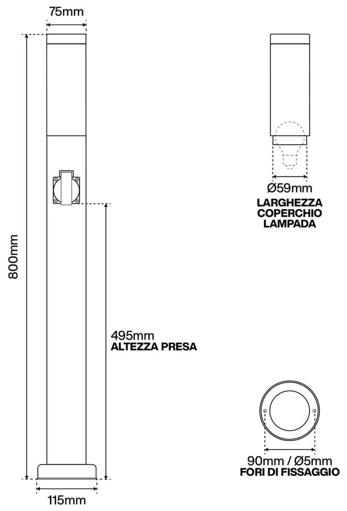 Paletto da giardino con Doppia Presa Corrente 80cm Acciaio Inox E27