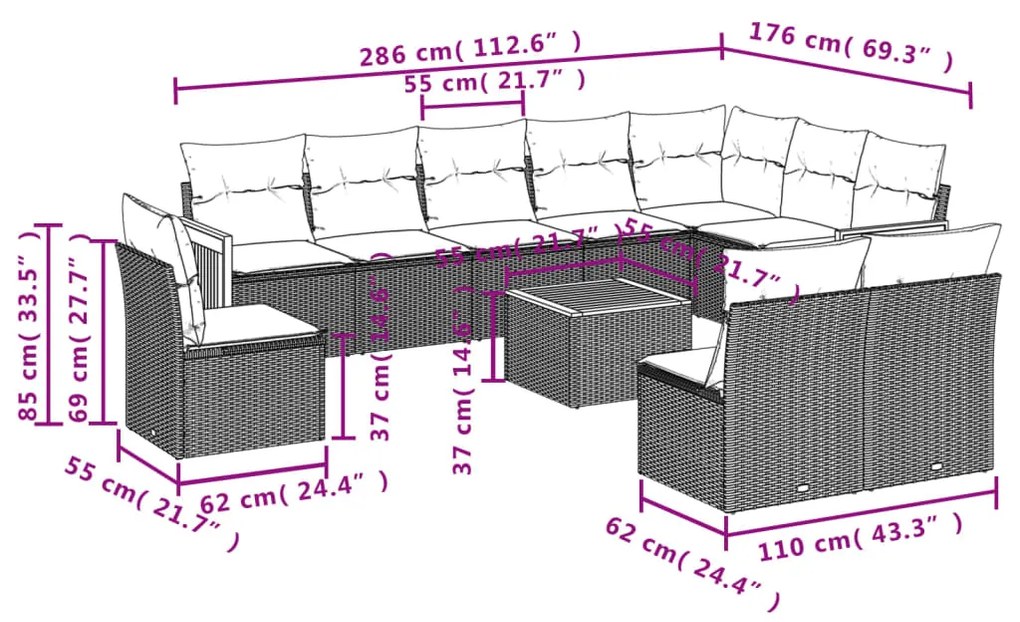 Set Divani da Giardino 11 pz con Cuscini in Polyrattan Grigio