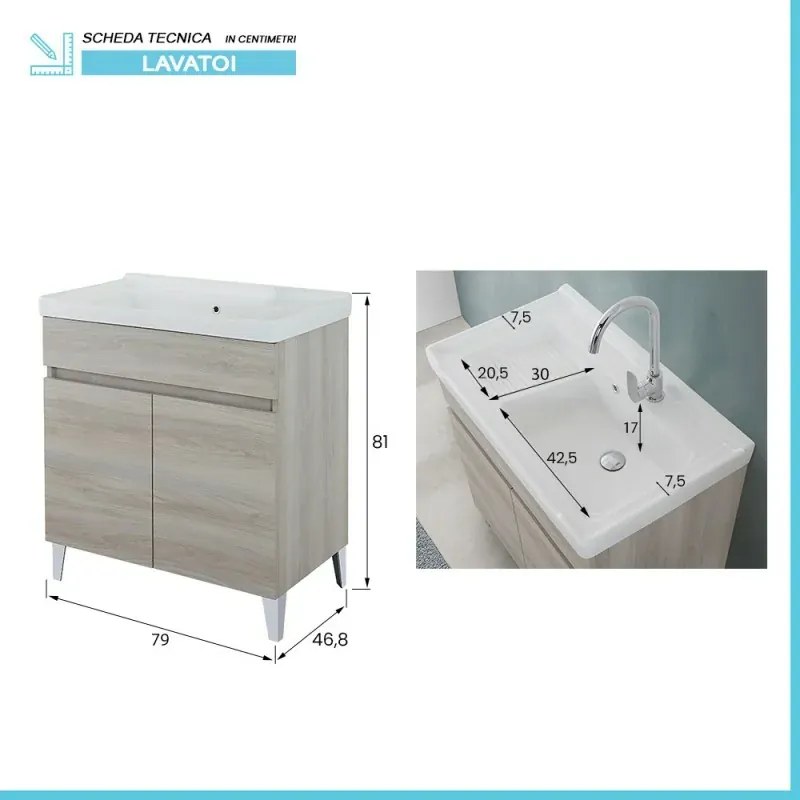 Mobile lavatoio 79x46,8 cm rovere grigio con vasca in ceramica bianca