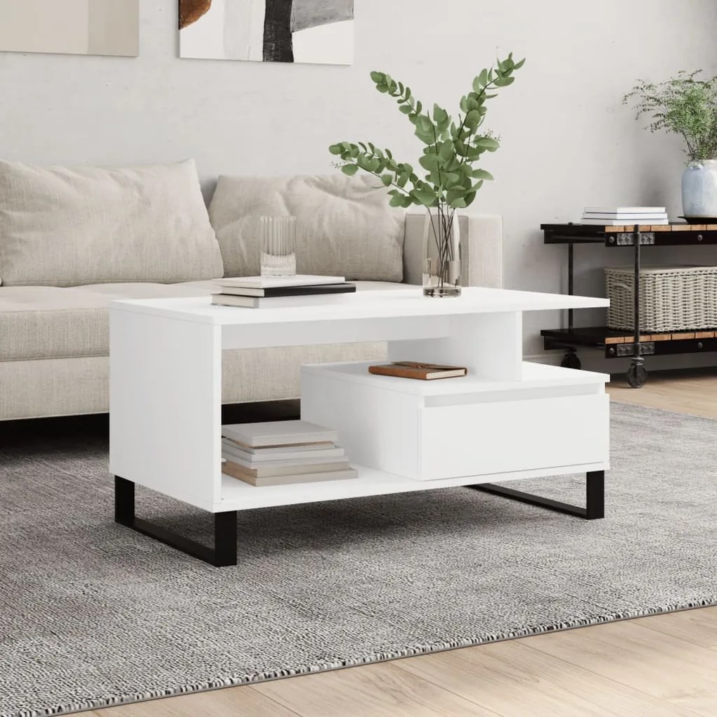 Tavolino Da Salotto Bianco 90x49x45 Cm İn Legno Multistrato /