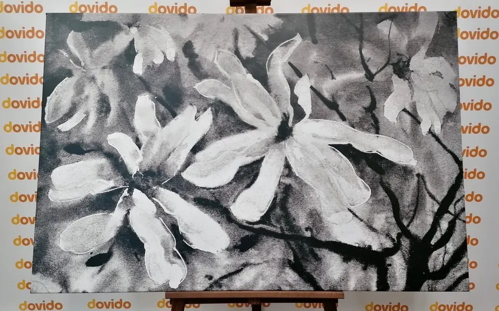 Stampa su tela – Albero acquerellato in fiore in bianco e nero
