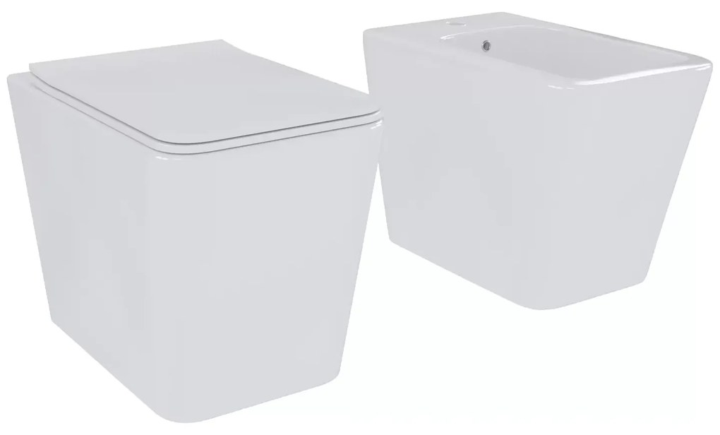 Set Di Sanitari Filomuro Coppia Vaso WC E Bidet Design Moderno Quadrato In Ceramica Con Copriwater Chiusura Soft Close Rallentata Con Sgancio Rapido Colore Bianco Lucido