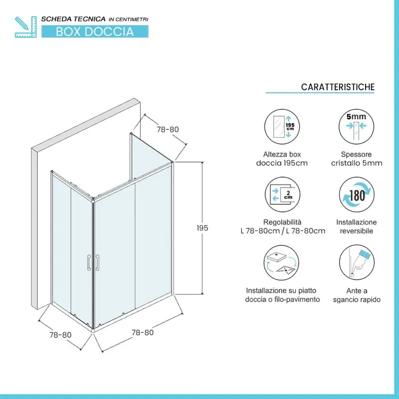 Box doccia 3 lati 80 cm doppio scorrevole vetro stampato H 195 cm   Tay