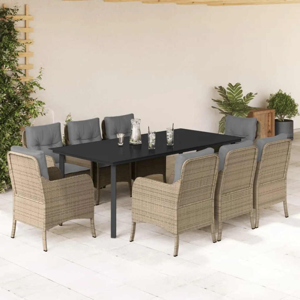 Set da pranzo da giardino 9 pz con cuscini beige in polyrattan