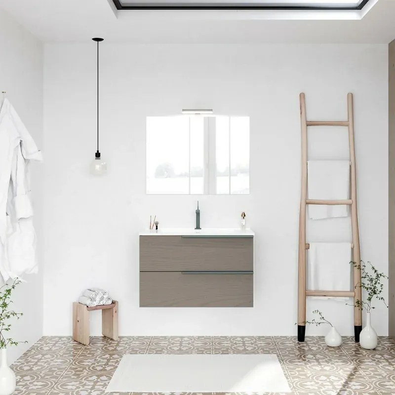 Mobile bagno sospeso 80 fango con lavabo in ceramica e specchio a filo LED Victoria