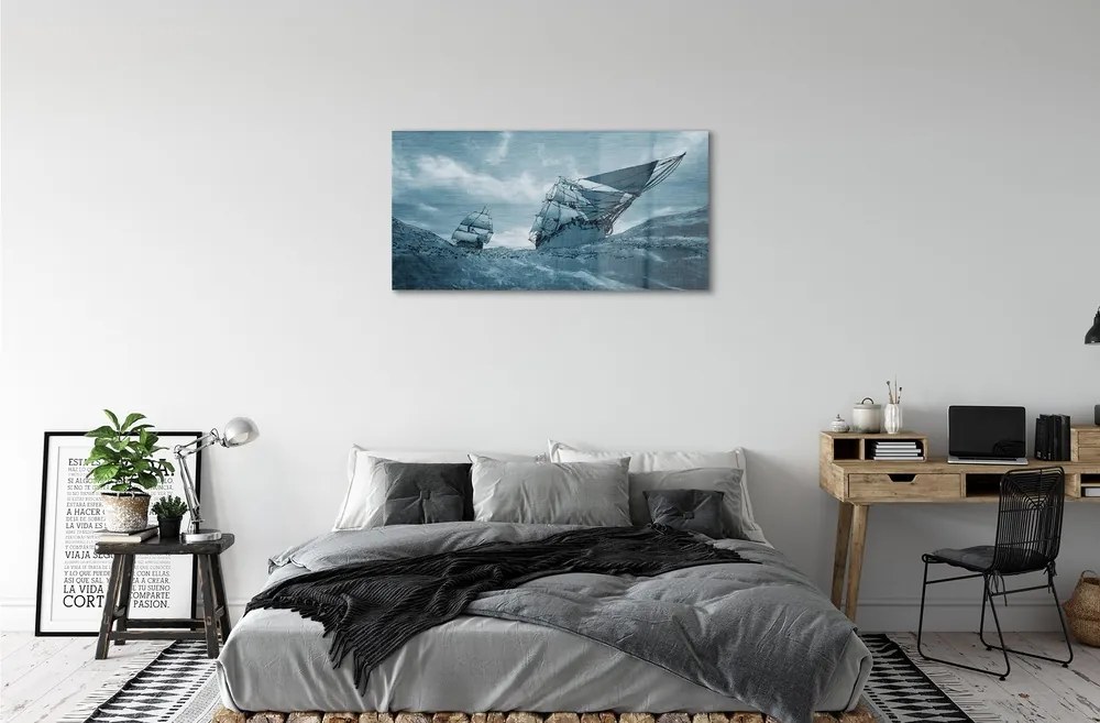 Quadro in vetro Nave tempesta cielo mare 100x50 cm 2 appendini