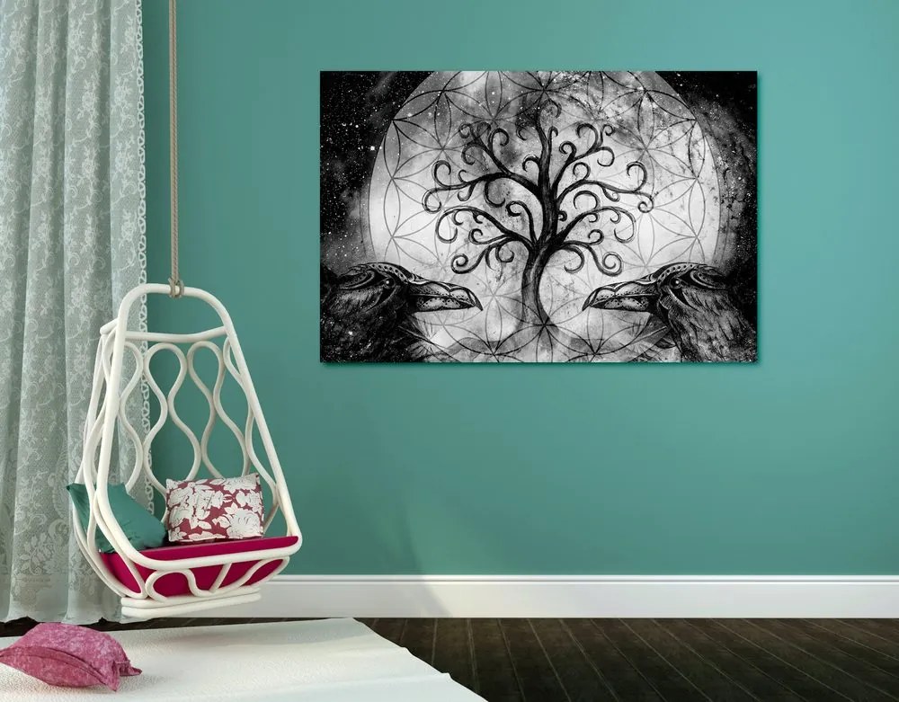 Stampa su tela – Albero della vita magico in bianco e nero