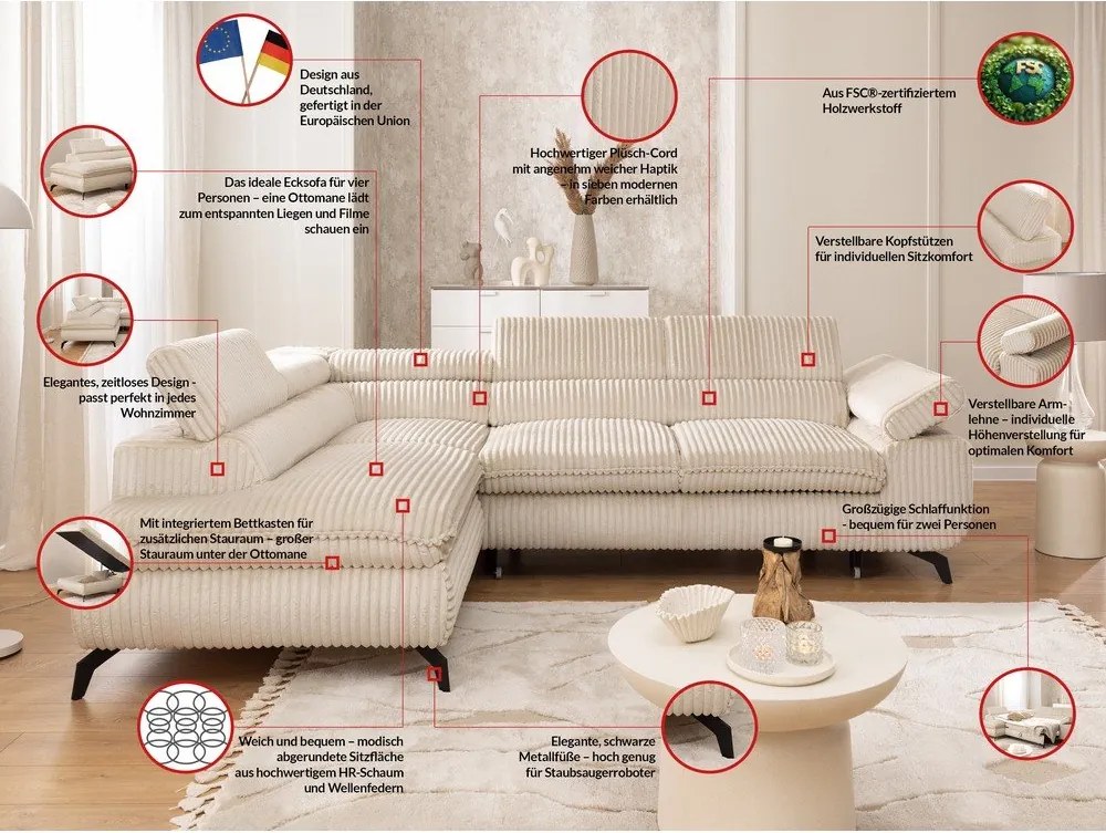 Divano angolare beige (con penisola a sinistra/a L) con rivestimento in velluto a coste Marbeya – Ropez