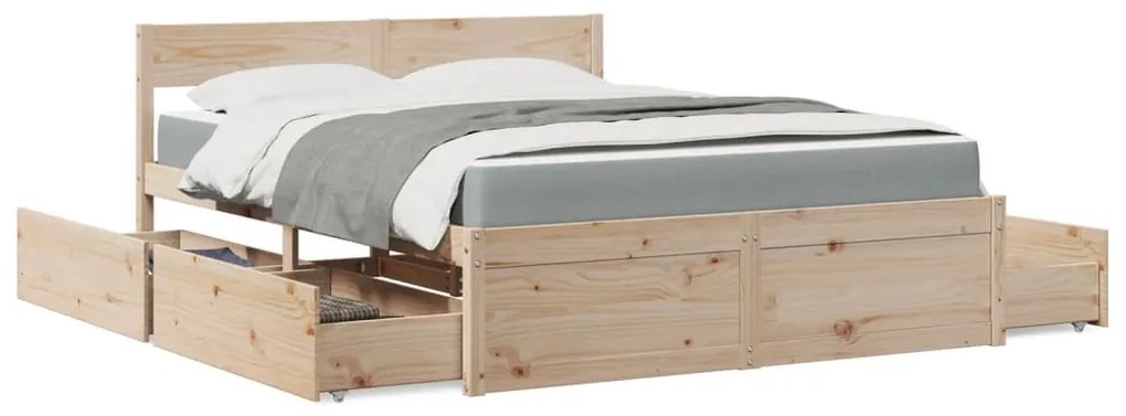Letto Con Cassetti E Materasso 140x200 Cm Legno Massello Pino /