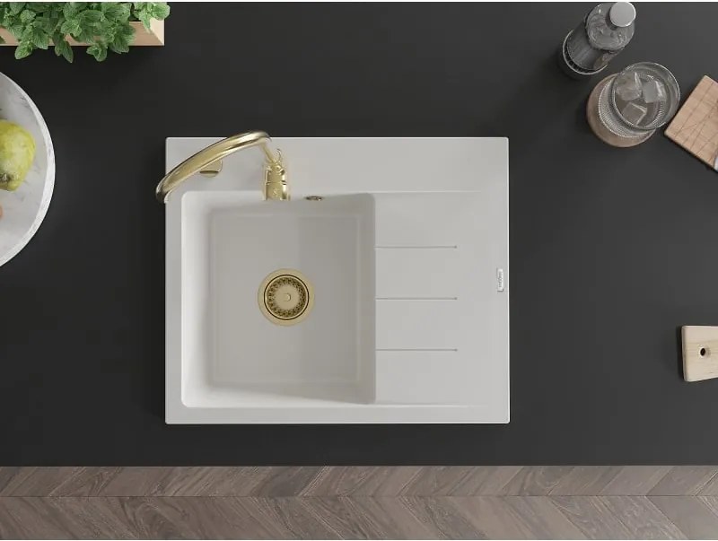 Mexen Ben lavello in granito 1-vasca con sgocciolatoio, sinistro 600 x 500 mm, bianco, sifone dorato - 6522605000-20-G