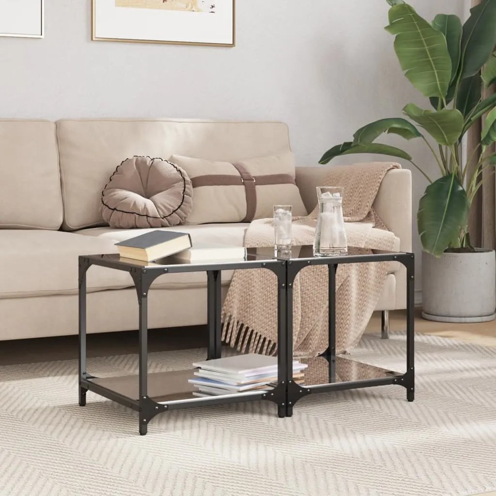 Tavolini Da Salotto Con Piano Vetro Nero 2pz 40x40x40cm Acciaio /