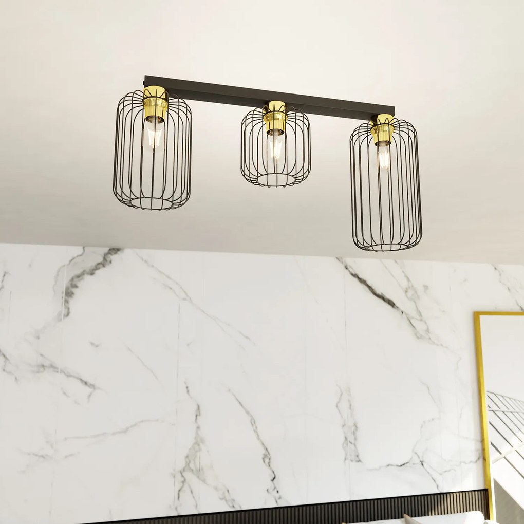 Plafonriera Minimal Industrial Vulcano 3 Luci Lineari Nera E Oro