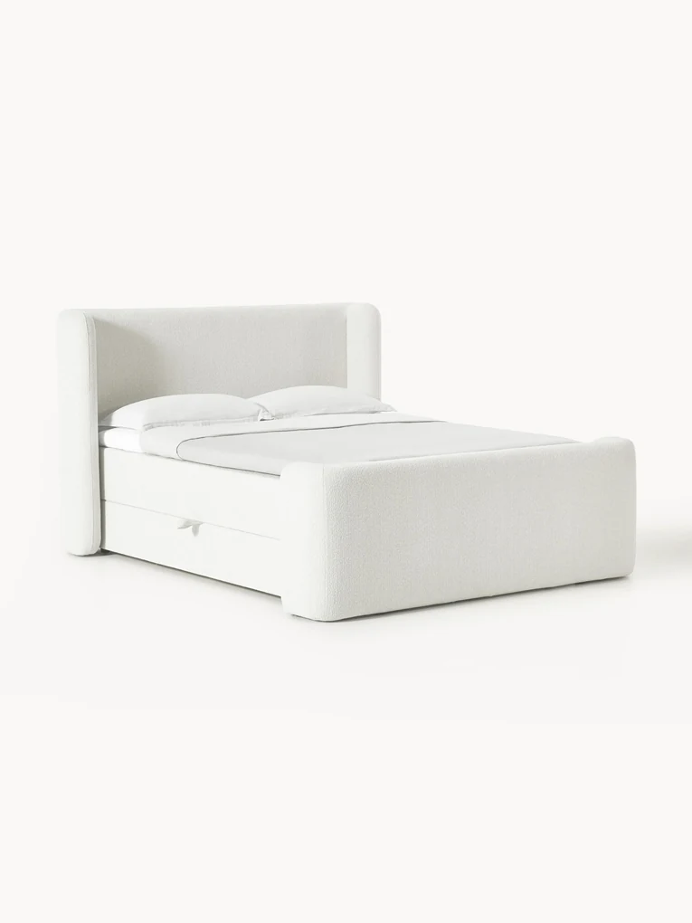Letto boxsrping in bouclé con contenitore Perla