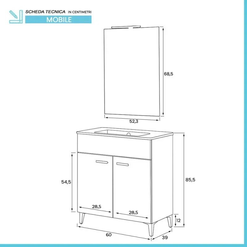 Mobile bagno a terra 60 cm rovere tropea con 2 ante lavabo e specchio Martha