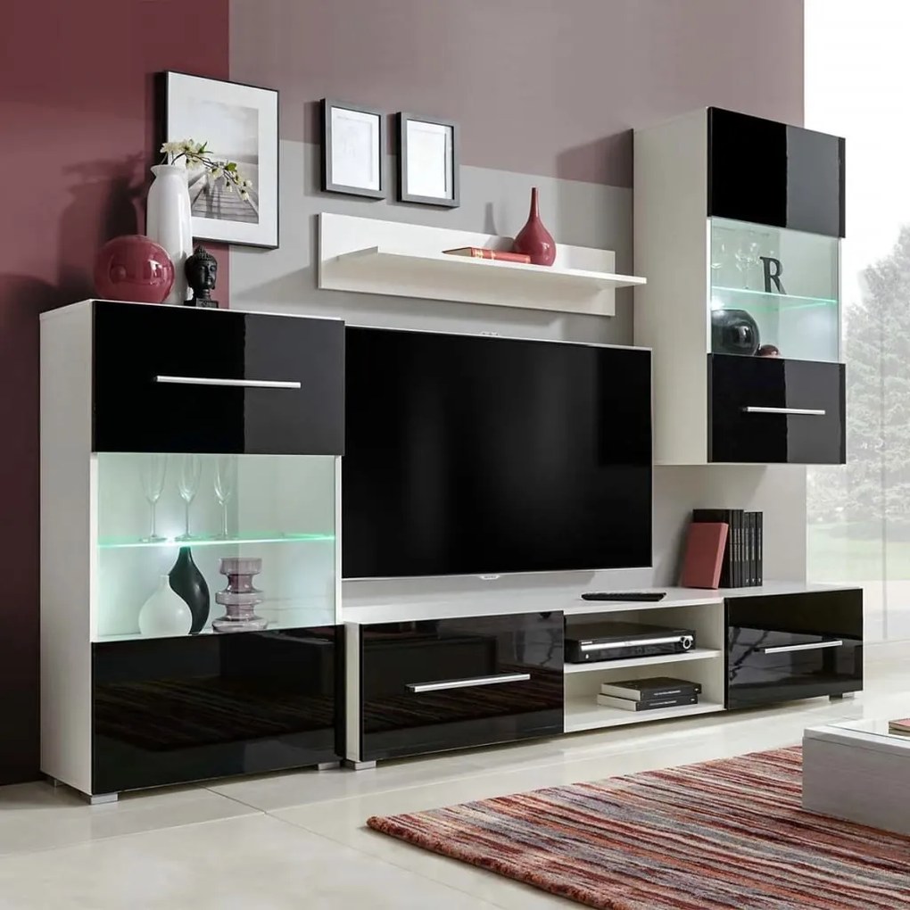 Mobili Con Vetrina Parete Unità Tv 4pz Nero Lucido Con Luci Led /
