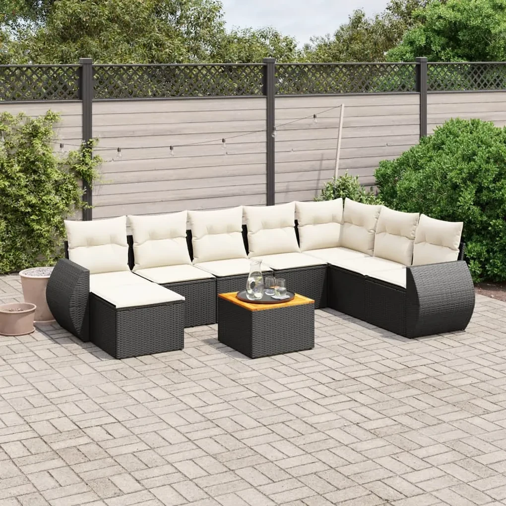 Set divani da giardino 9 pz con cuscini nero in polyrattan