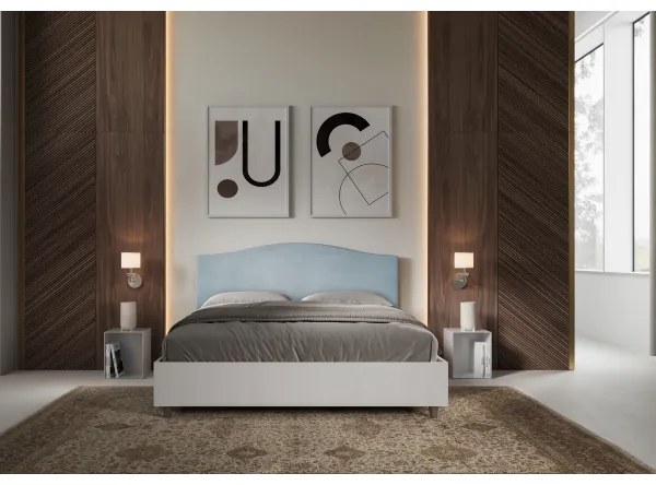 Letto contenitore da 160x190 in legno bianco e testata in microfibra azzurro Grace