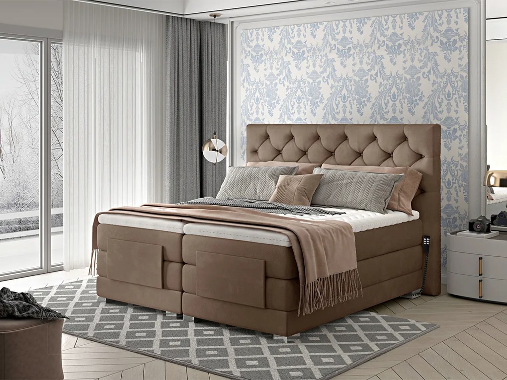 Letto motorizzato matrimoniale boxspring Manhattan - 160 x 200 cm , Tessuto beige