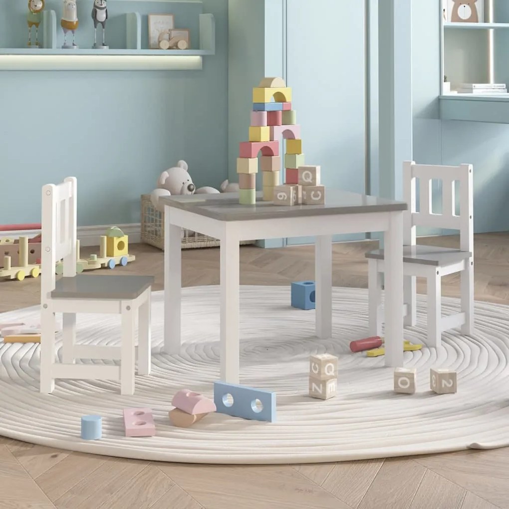 Set tavolo e sedie per bambini 3 pezzi bianco e grigio in mdf