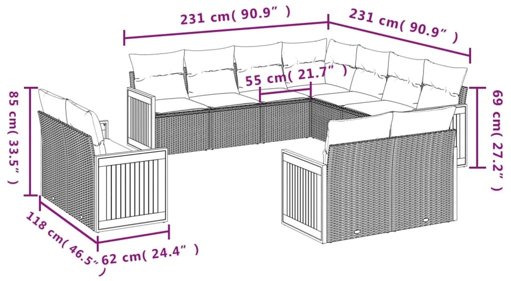 Set divani da giardino 11 pz con cuscini in polyrattan nero