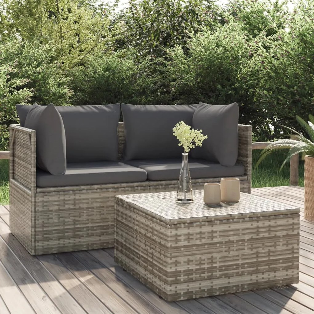 Set divani da giardino 3 pz con cuscini in polyrattan grigio