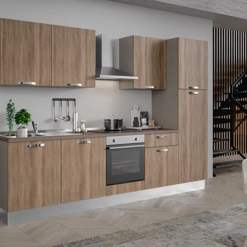 Cucina montata Dora rovere chiaro, lavello a sinistra, L 300 cm, completa di: cappa a camino, piano cottura a induzione, forno, frigorifero