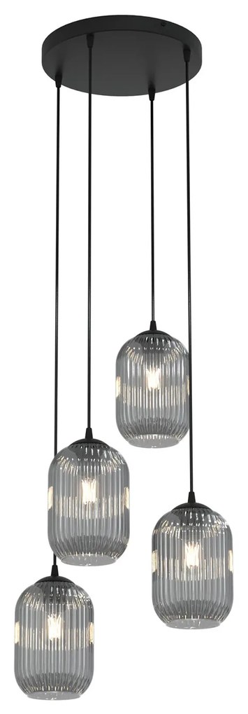 Lampadario 4 Luci Selene Base Tonda In Acciaio Nero E Vetri Plissettati Fumè