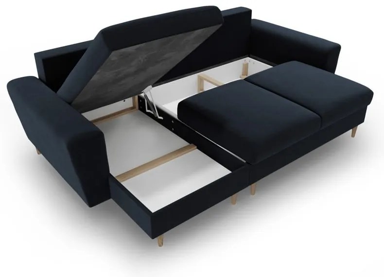 Divano angolare blu scuro allungabile e con contenitore con rivestimento in velluto Kyoto – Cosmopolitan Design