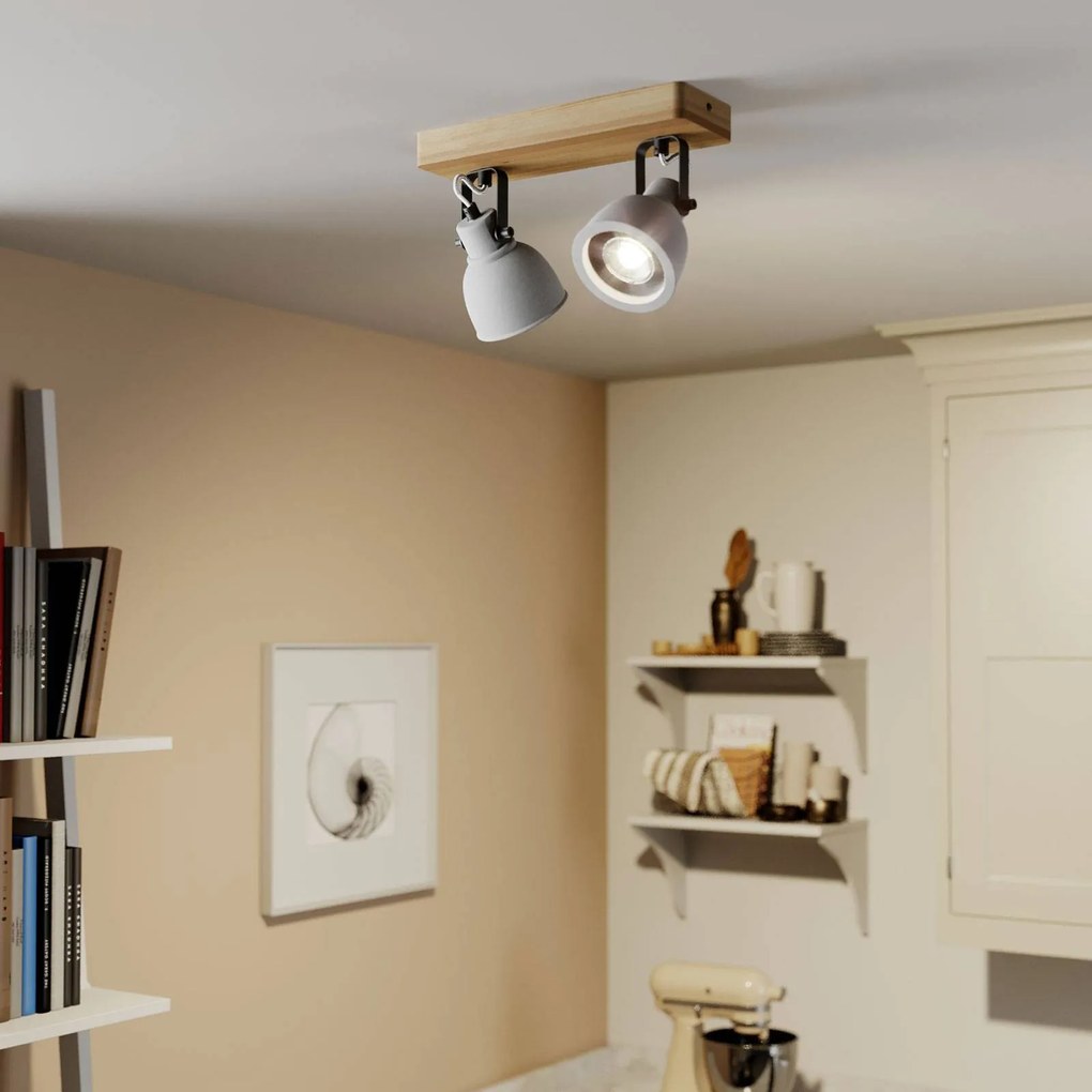 Lindby Spot Mitis, 30 cm, a 2 luci, grigio, legno, cemento, GU10 Mitis Lindby, dimmerabile, Legno scuro, Soggiorno / Sala da pranzo, Legno, Industriale, Faretto