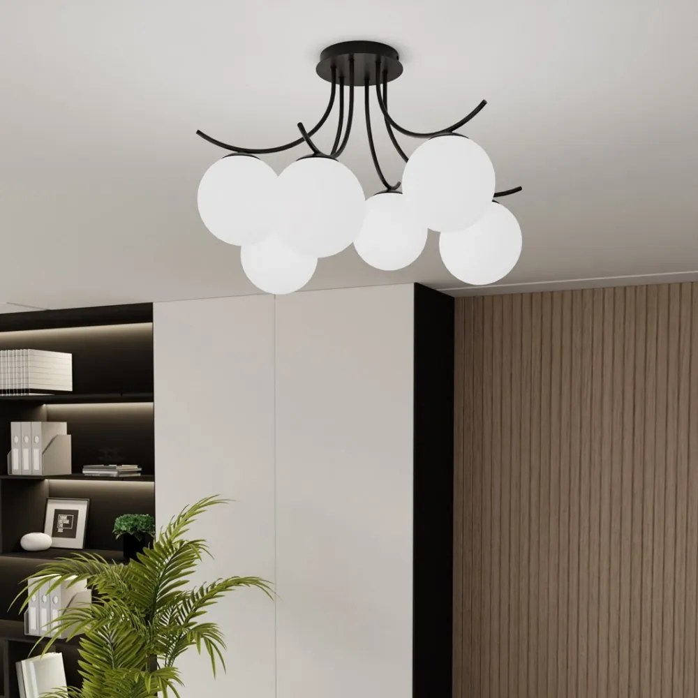 Lampadario da Soffitto in Acciaio e Vetro BOSTON 6 Nero 6xE14 Colore delle Sfere Bianco