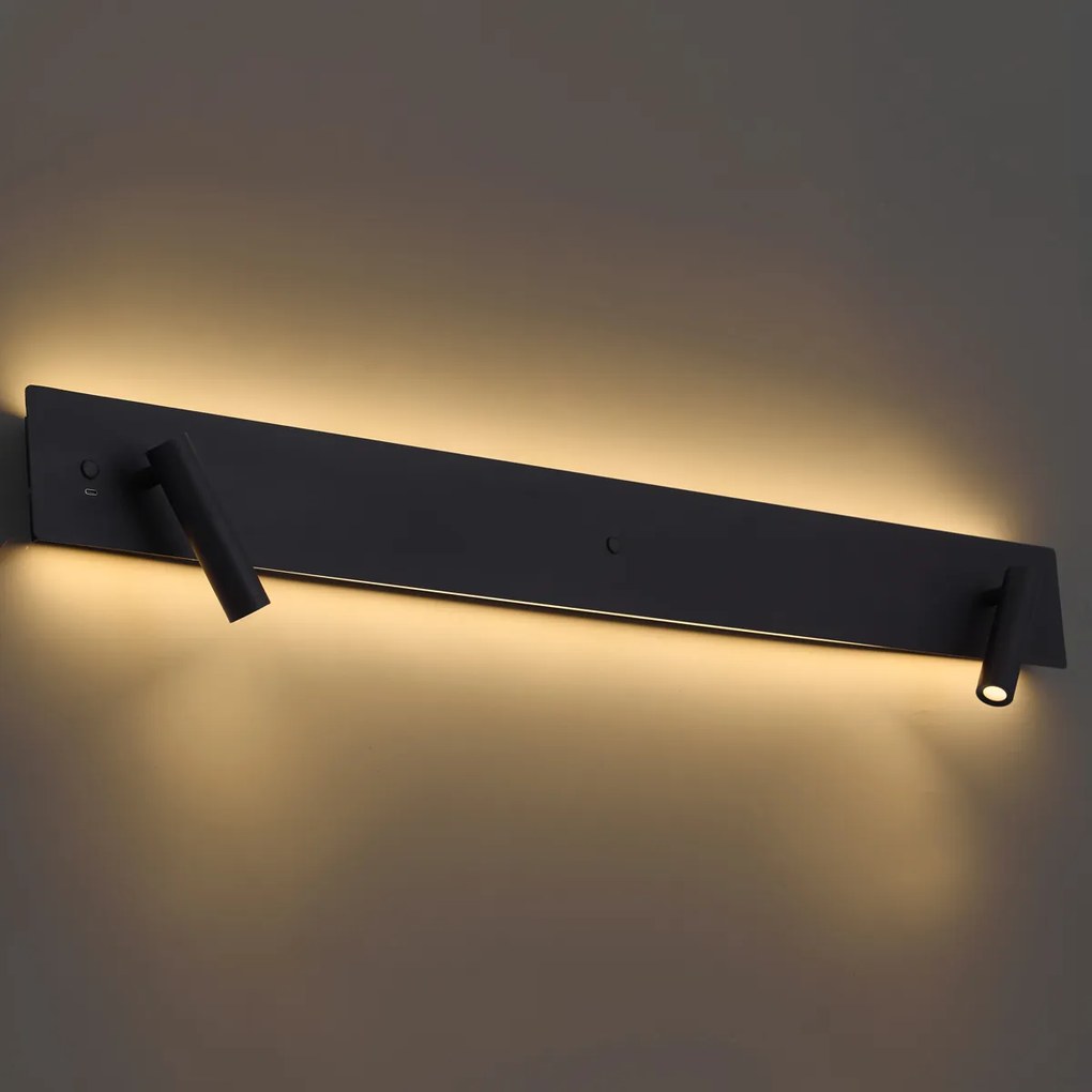 Lampada da Parete Moderna Nera a 2 Luci con LED, Retroilluminazione e USB-C - Longly