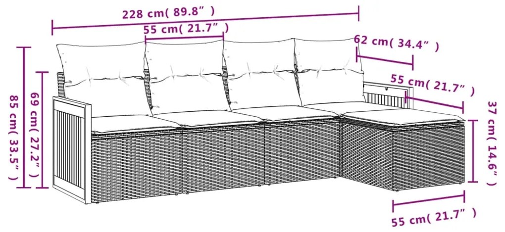 Set divano da giardino 5 pz con cuscini grigio in polyrattan