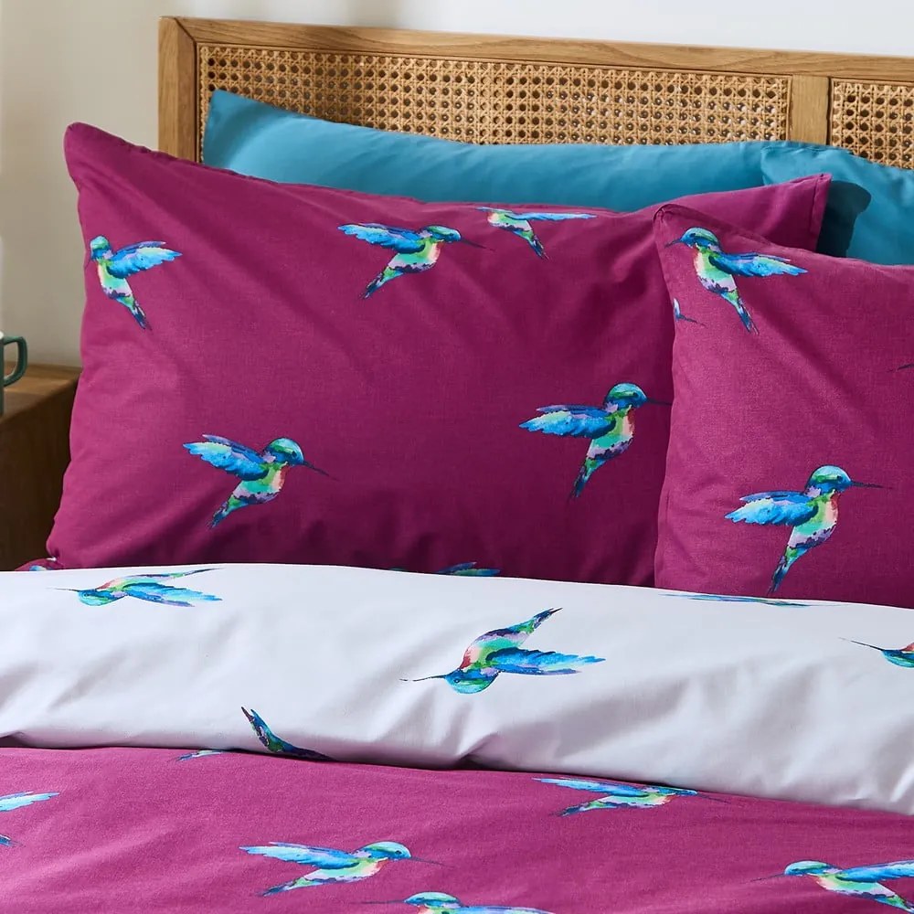 Set copripiumino e federa bianco e viola in cotone per letto matrimoniale 200x200 cm Hummingbird – Their Nibs