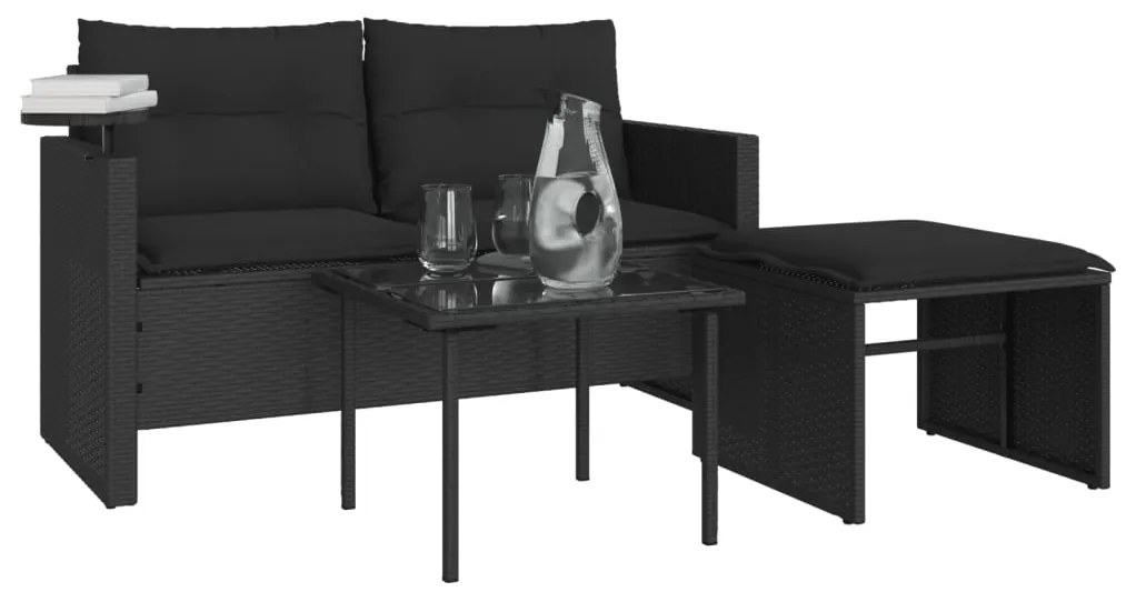 Set divani da giardino 3 pz con cuscini in polyrattan nero