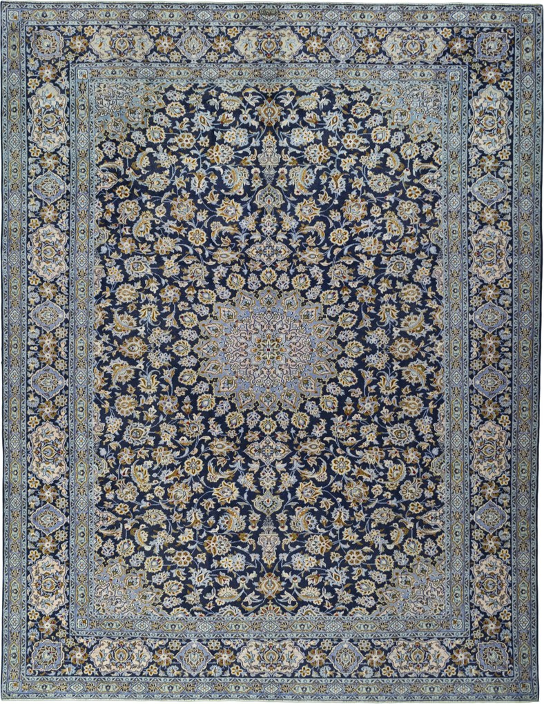 Kashan Tappeto 410 x 320 Blu (Iran) Annodato A Mano