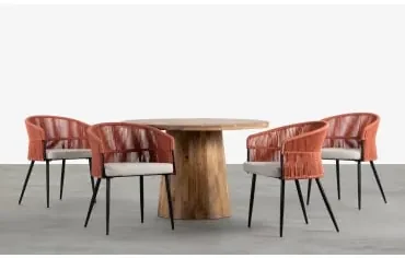 Set di un Tavolo Rotondo in Legno Doran e Sedie in Tessuto e