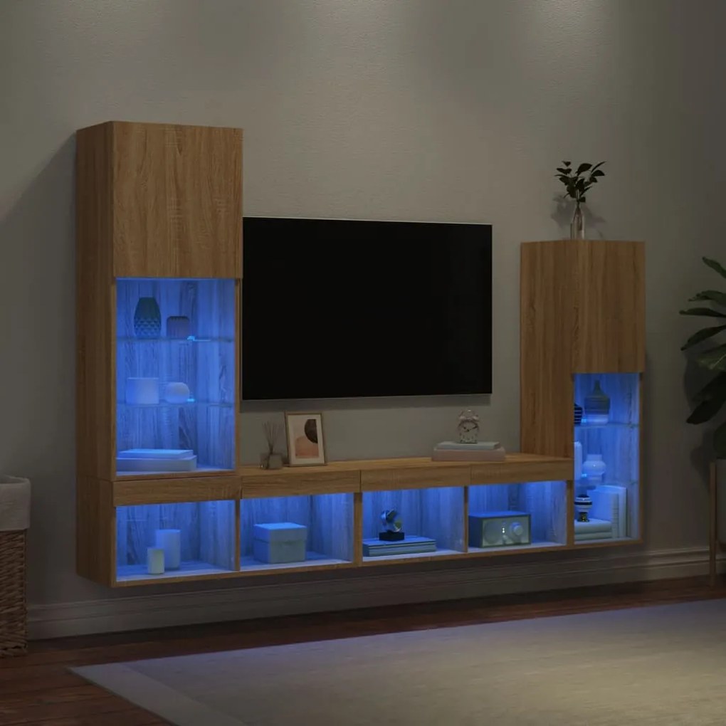 Mobili tv a muro con led 4pz rovere sonoma legno multistrato