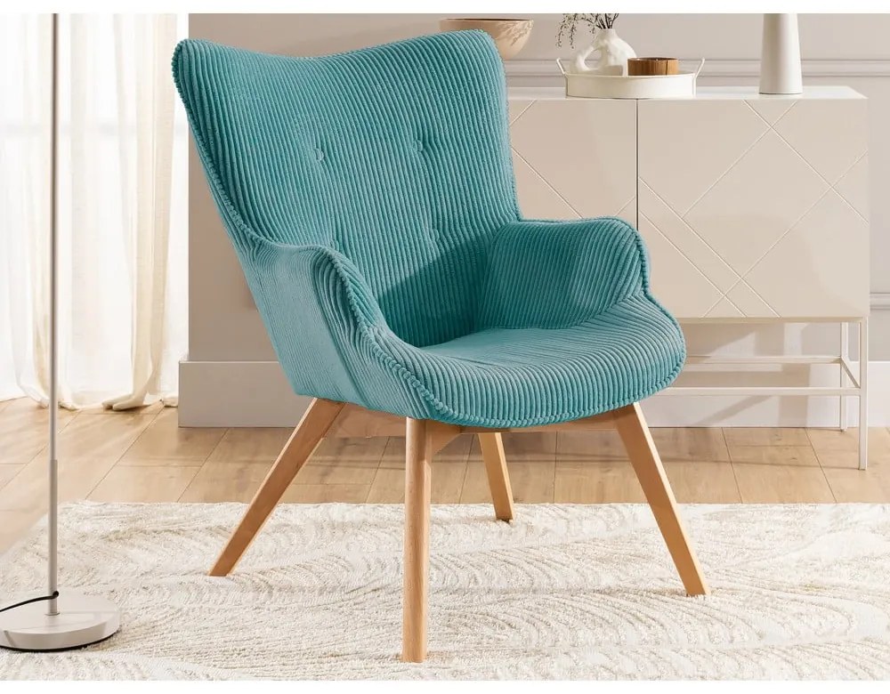 Poltrona turchese con rivestimento in velluto a coste Niko – Ropez