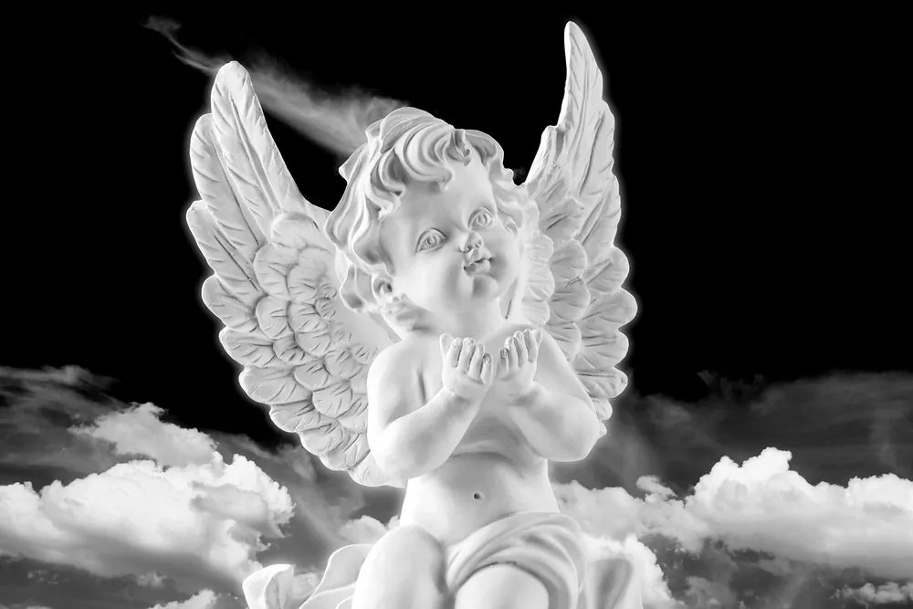 Stampa su tela – Angioletto attento in bianco e nero nel cielo