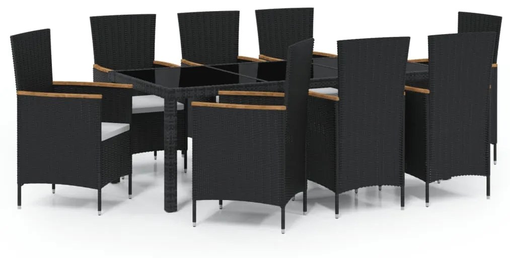 Set da Pranzo da Giardino 9 pz con Cuscini in Polyrattan Nero