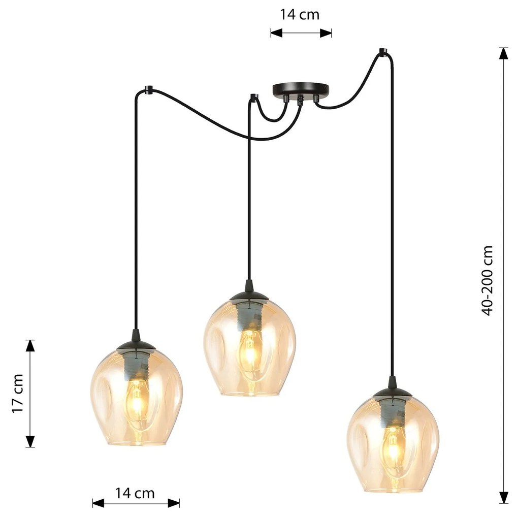 Sospensione 3 Luci Level In Acciaio Nero E Vetro Ambra Con Cavi Lunghi