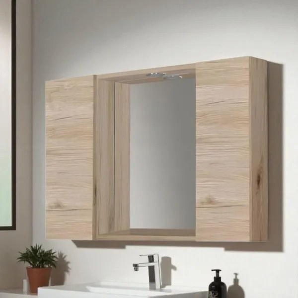 Specchiera bagno in legno 81 cm a 2 ante con faretto LED Quercia Naturale
