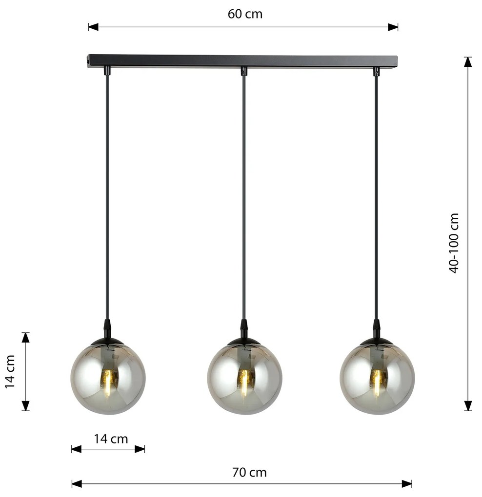 Sospensione Moderna 3 Luci Kali In Acciaio Nero E Sfere In Vetro Fumè