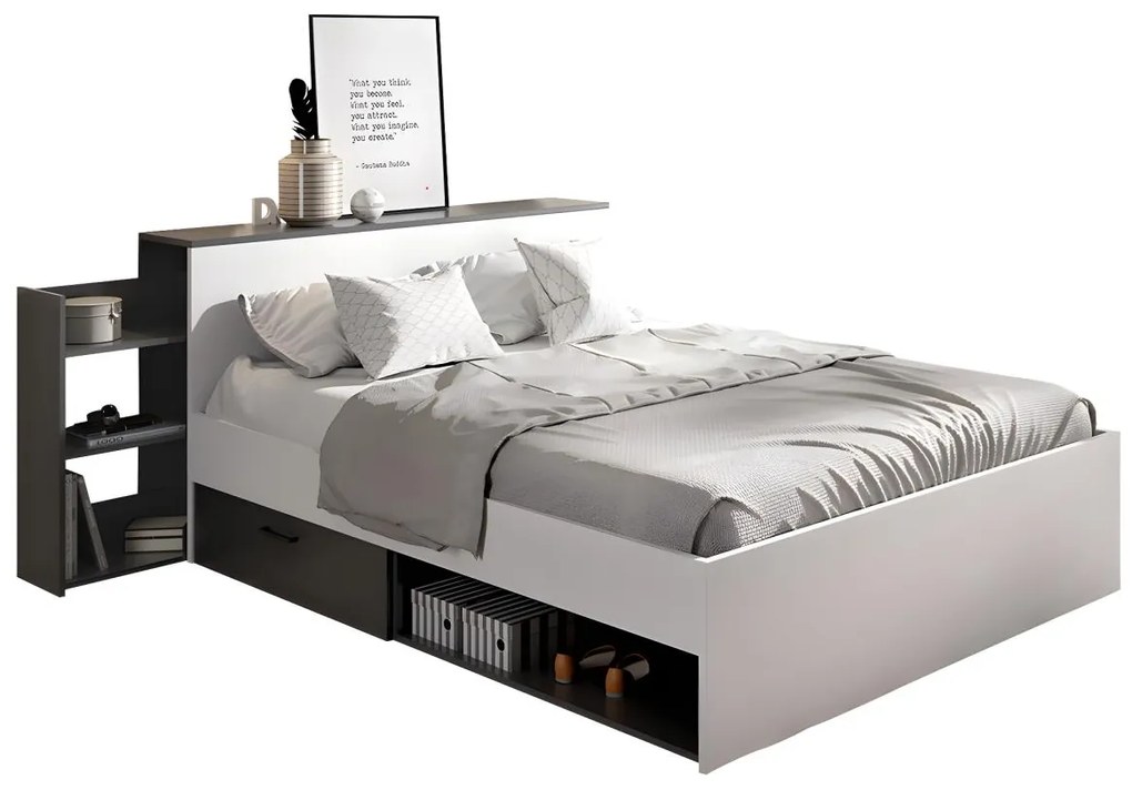 Letto con testata vani portaoggetti e cassetti 140 x 190 cm Bianco e Antracite - FLORIAN